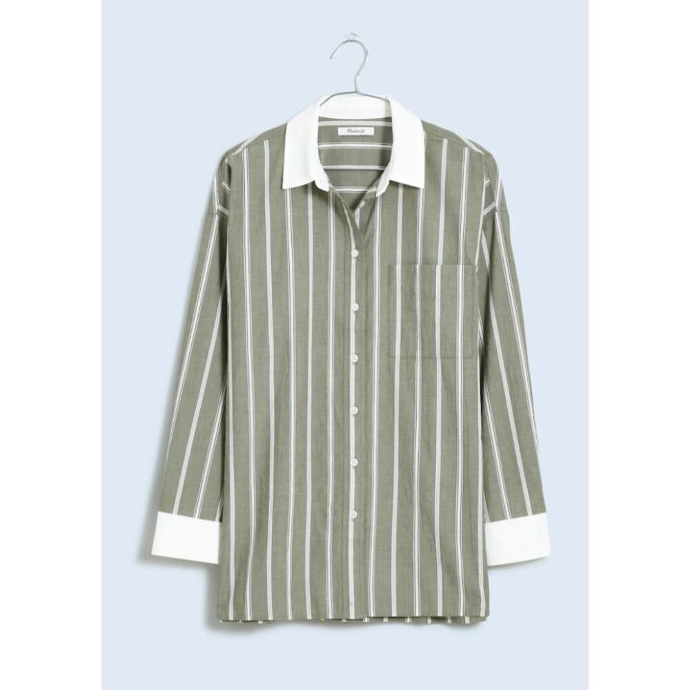 MADEWELL Shirt Women XXS Green Oversized Straight-Hem Button-Up Striped NWOT